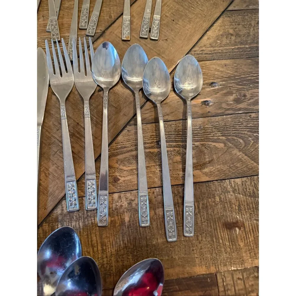Vintage Custom Craft Stainless Steel Flatware 52PCs Fleur De Lis Mid Century MCM